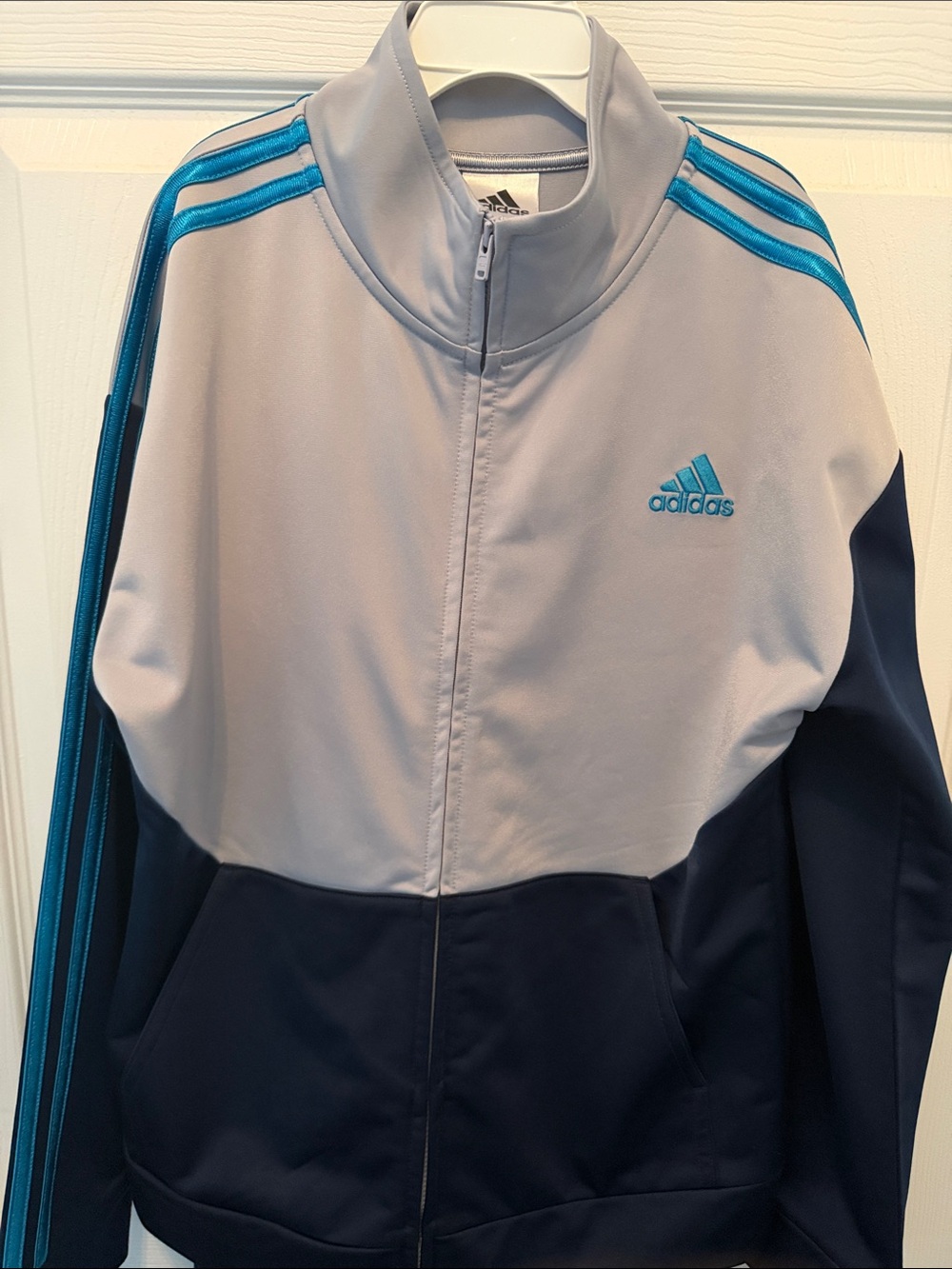 Adidas Boys Light Gray & Navy Track Jacket with Teal Stripes
